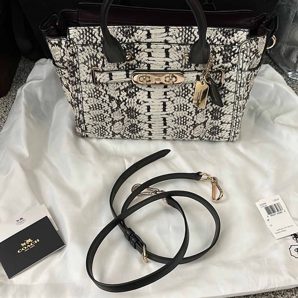 Coach Black & Ivory Snake-Print Leather Satchel